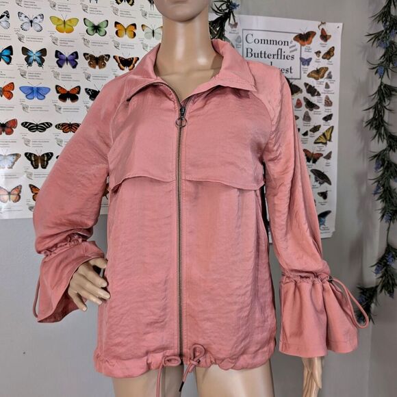 Halogen Satin Uility Jacket Pink Bomber Bell Sleeve Raglan Adjustable Zip Small - Picture 2 of 11